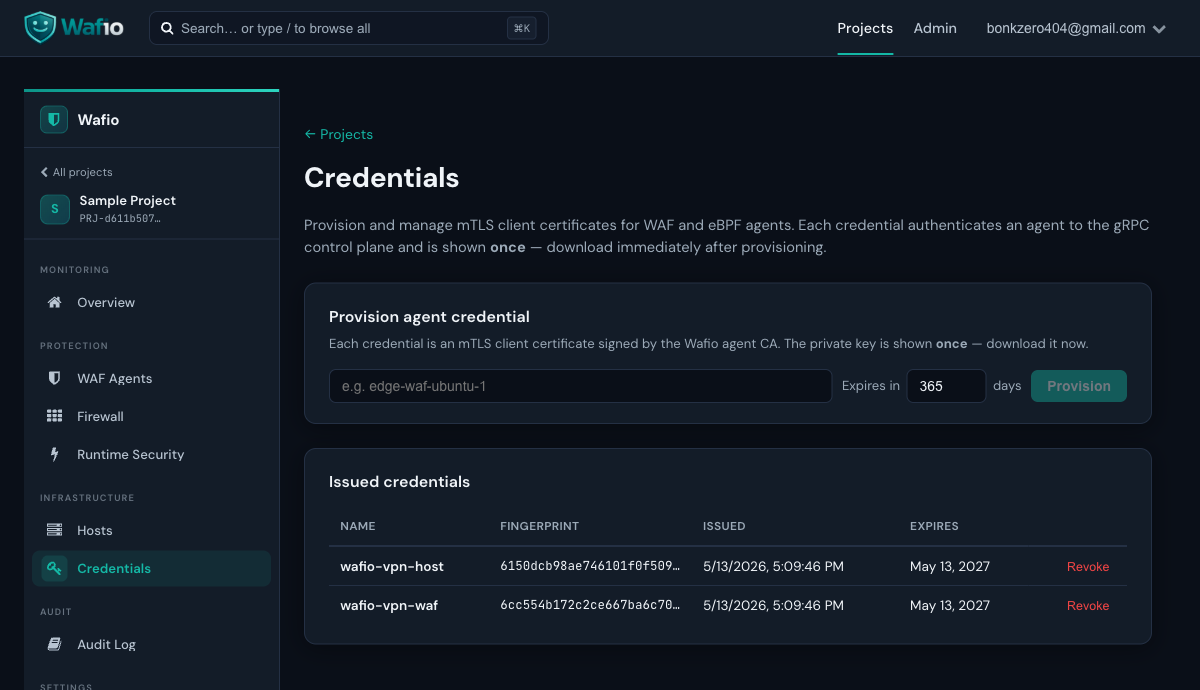 WAFio Credentials Page