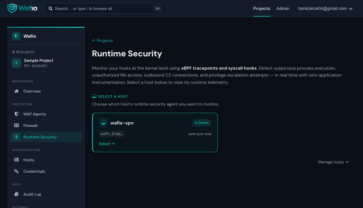 WAFio Runtime Security Page